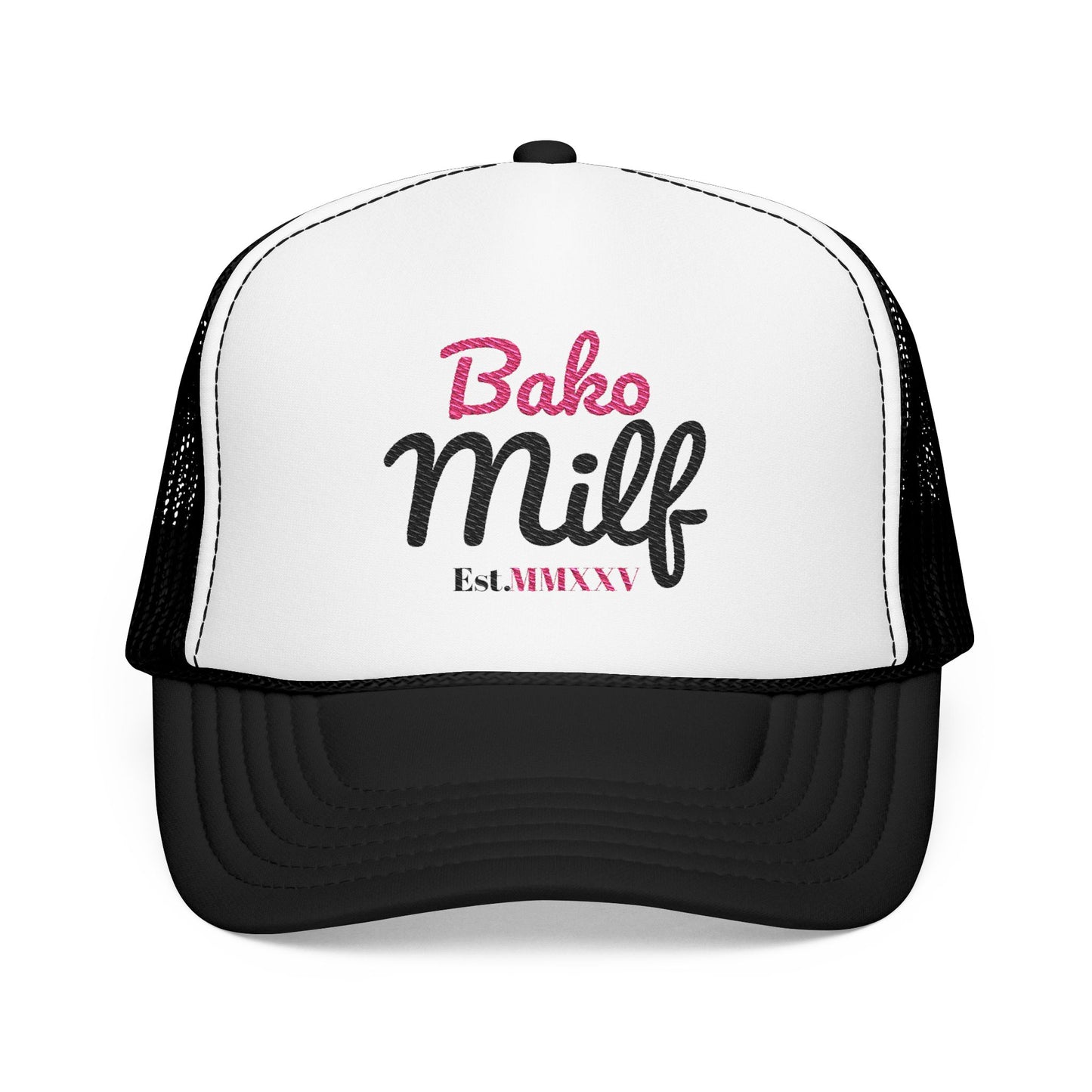 Trendy Bakersfield Foam Trucker Hat with 'Bako Milf' Embroidery