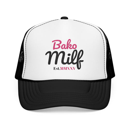 Trendy Bakersfield Foam Trucker Hat with 'Bako Milf' Embroidery