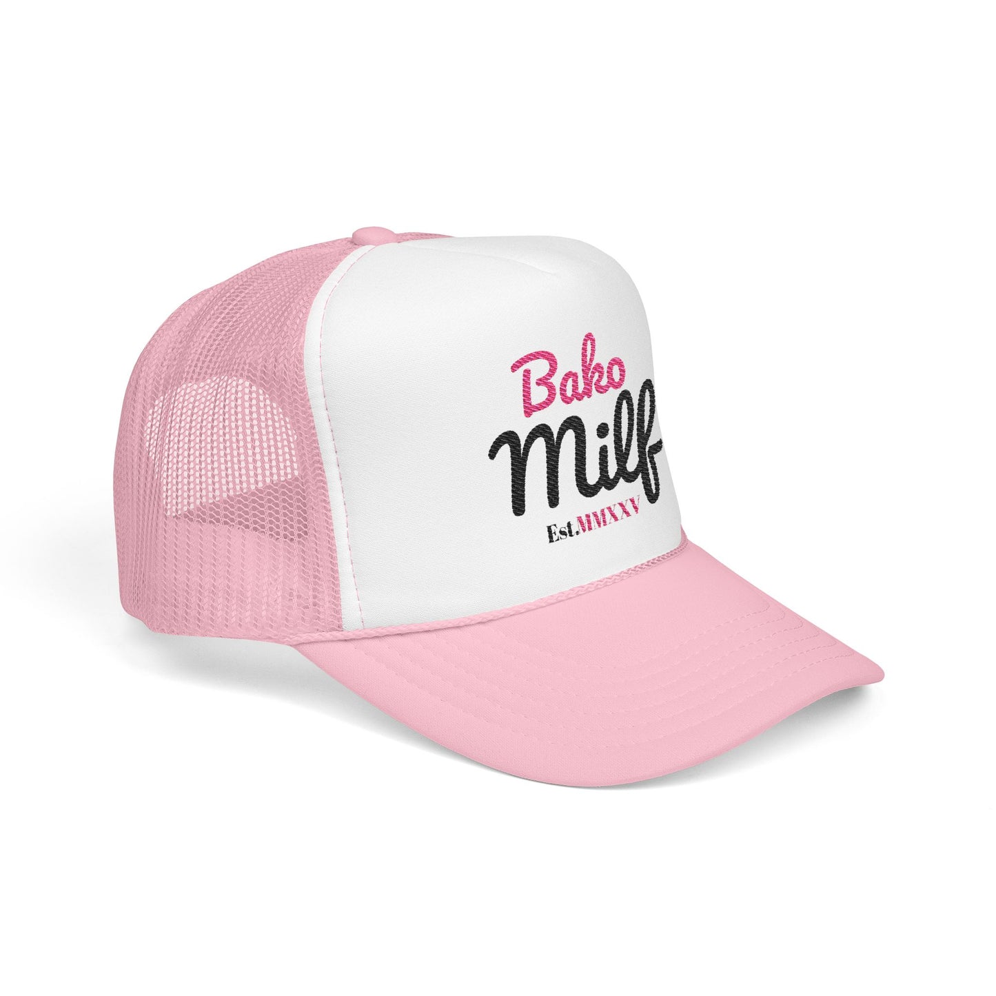 Trendy Bakersfield Foam Trucker Hat with 'Bako Milf' Embroidery