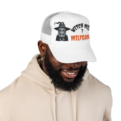 Embroidered Witch Themed Foam Trucker Hat, Witch MILF Halloween Hat