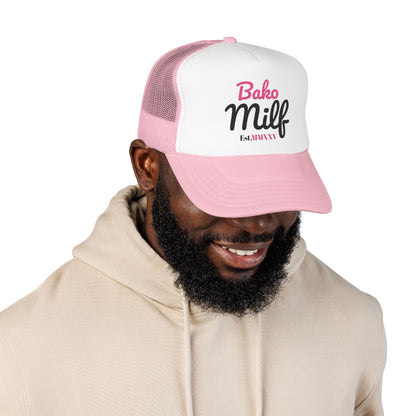 Trendy Bakersfield Foam Trucker Hat with 'Bako Milf' Embroidery