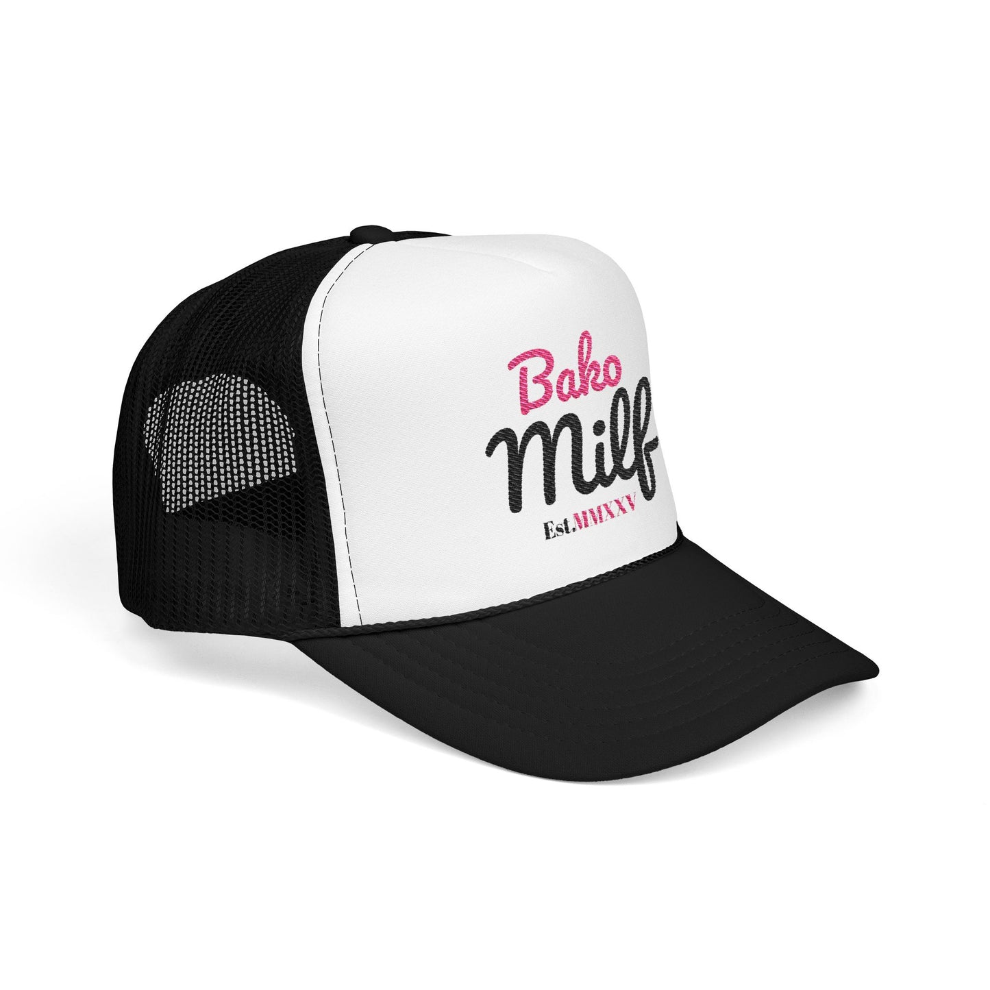 Trendy Bakersfield Foam Trucker Hat with 'Bako Milf' Embroidery