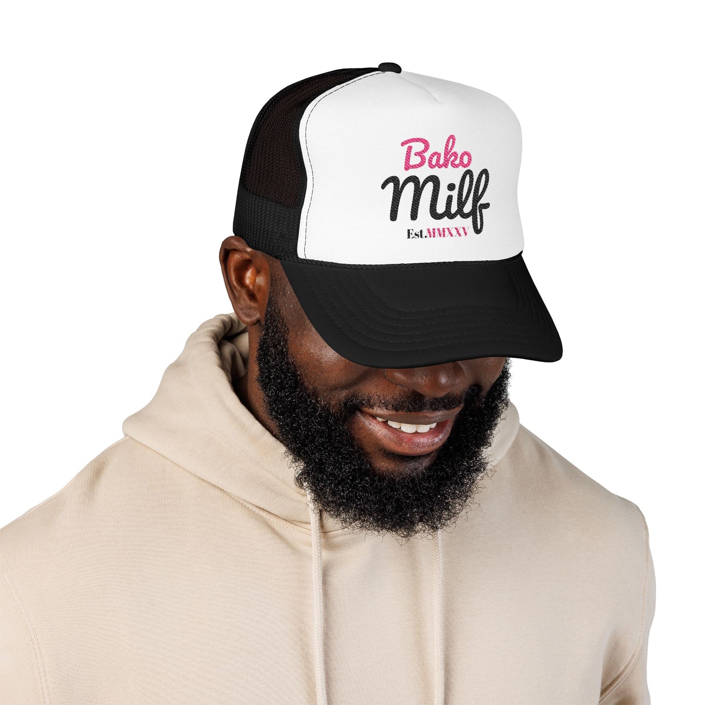 Trendy Bakersfield Foam Trucker Hat with 'Bako Milf' Embroidery