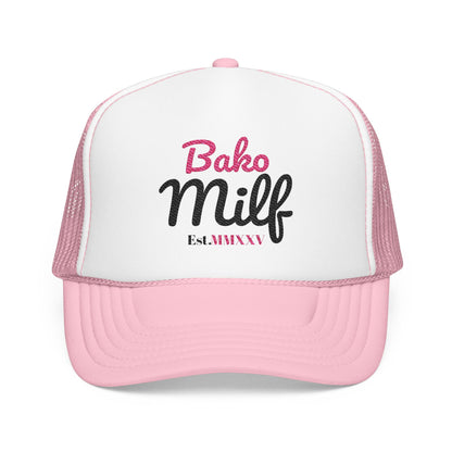 Trendy Bakersfield Foam Trucker Hat with 'Bako Milf' Embroidery